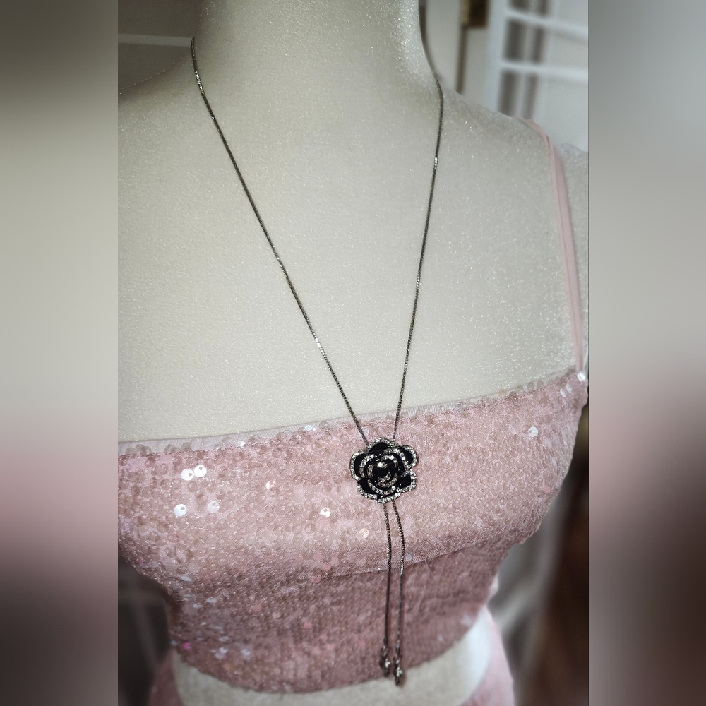 Elegant Black Rose Pendant Necklace with Long Chain